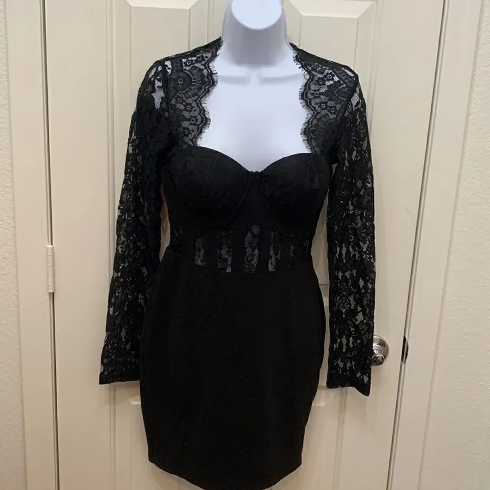Fashion Nova Medium Black Mini Bra Laced Like A Lady Ling Sleeve Mini Dress New